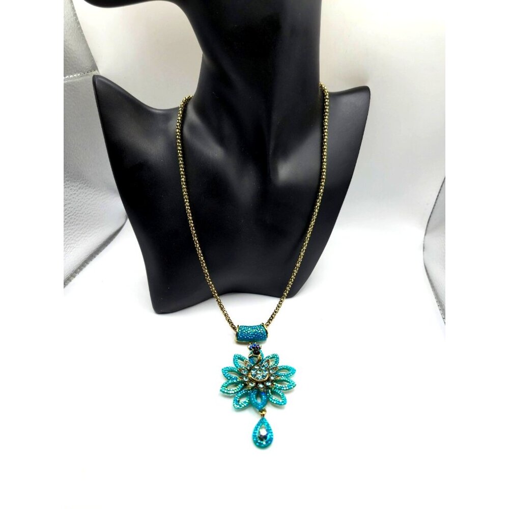 Vintage Peacock Pendant Necklace Blue Rhinestone Statement Jewelry